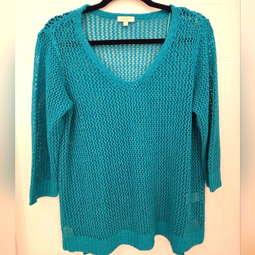 1X LAURA plus Elbow sleeve, Turquoise, mesh crochet top , v-neck sweater